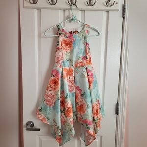 Mint Green And Coral Floral Asymetrical Dress